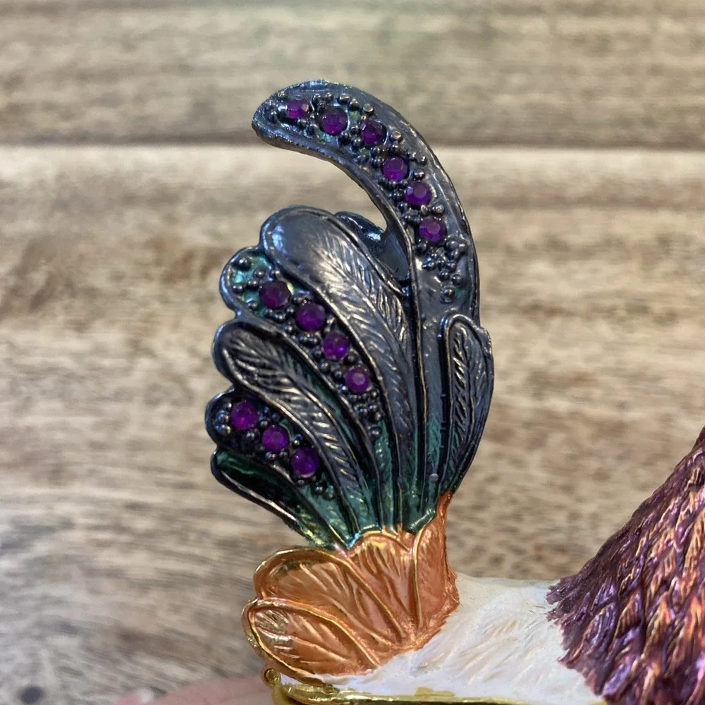 Bejeweled Colorful Rooster Jeweled  Trinket Box Hinged Magnetic Closure Small